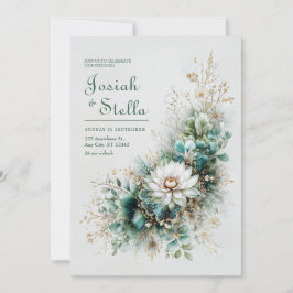 Elegant Teal Green Gold White Floral Wedding 招待状