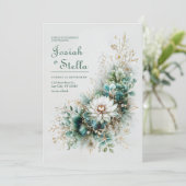 Elegant Teal Green Gold White Floral Wedding 招待状 (スタンド正面)