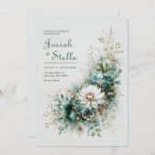 Elegant Teal Green Gold White Floral Wedding 招待状 (正面/裏面)