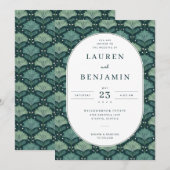 Elegant Teal Leaf Motive 招待状 (正面/裏面)