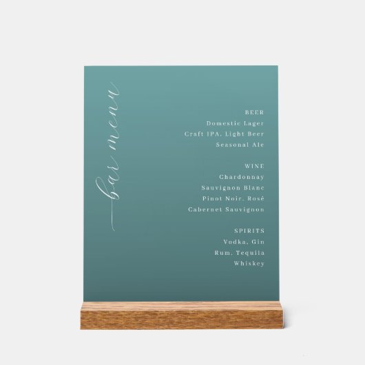 Elegant Teal Minimalist Bar Menu アクリルサイン (正面)