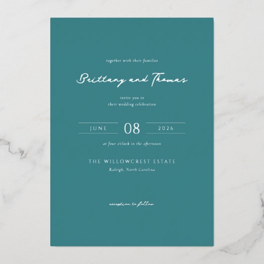 Elegant Teal Minimalist Wedding Invitation 箔招待状 (正面)