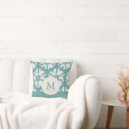 Elegant Teal Monogram Christmas Star クッション