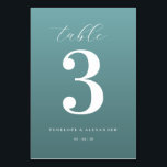 Elegant Teal Number Three テーブルナンバー<br><div class="desc">This elegant wedding table card features a minimalist design with a calming teal background and crisp white text. The focal point is the large, bold numeral "3" centered on the card, surrounded by an assortment of fonts that add visual interest without cluttering the layout. Customizable placeholders for names and dates...</div>