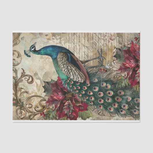 Elegant Teal Peacock Christmas Decoupage 薄葉紙 (正面)