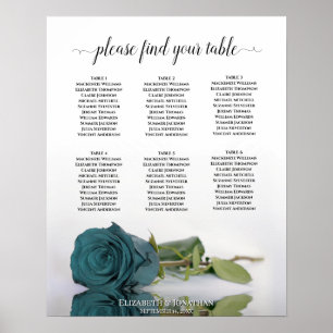 Elegant Teal Rose 6 Table Wedding Seating Chart ポスター