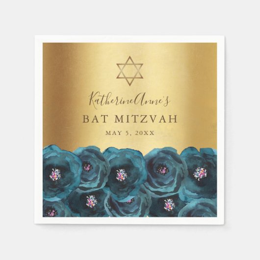 Elegant Teal Rose Floral Gold Bat Mitzvah スタンダードカクテルナプキン (正面)
