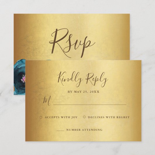 Elegant  Teal Rose Floral Gold Bat Mitzvah 出欠カード (正面/裏面)