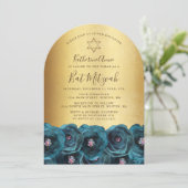 Elegant Teal Rose Floral Gold Bat Mitzvah 招待状 (スタンド正面)