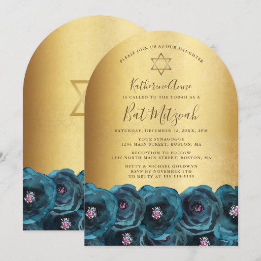 Elegant Teal Rose Floral Gold Bat Mitzvah 招待状 (正面/裏面)