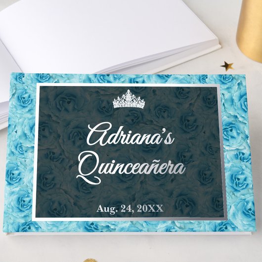 Elegant Teal Rose Floral Quinceanera Silver  ゲストブック