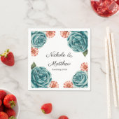 Elegant Teal Rose & Orange Daisey Wedding スタンダードカクテルナプキン (インサイチュ)
