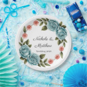 Elegant Teal Rose & Orange Daisey Wedding ペーパープレート (パーティー)
