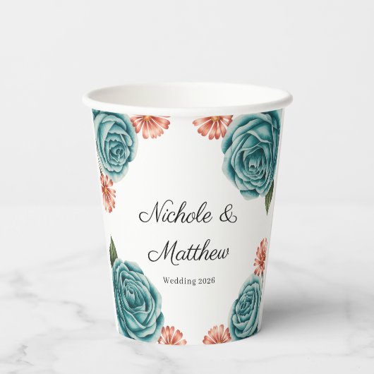 Elegant Teal Rose & Orange Daisey Wedding 紙コップ (裏面)