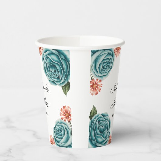 Elegant Teal Rose & Orange Daisey Wedding 紙コップ (左)