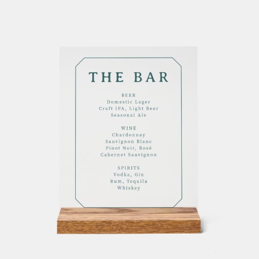 Elegant Teal Serif Bar Menu アクリルサイン (正面)