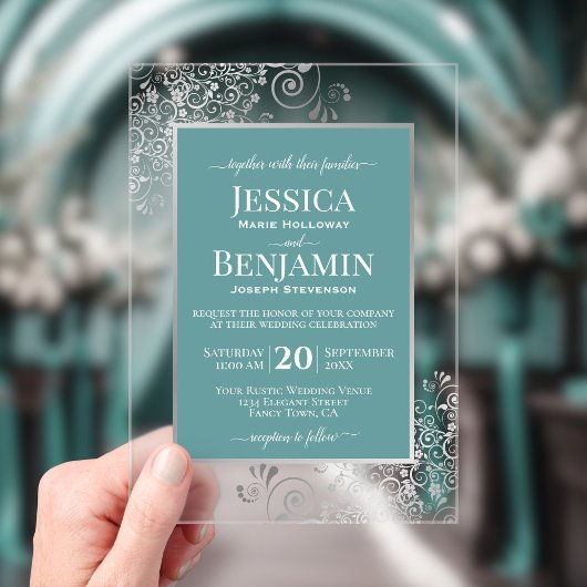Elegant Teal & Silver Stylish Text Glam Wedding アクリル招待状