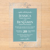 Elegant Teal & Silver Stylish Text Glam Wedding アクリル招待状 (正面)