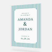 Elegant Teal Striped Wedding Sign アクリルサイン (傾斜)