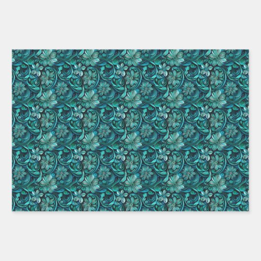 Elegant teal swirl flower pattern  ラッピングペーパーシート (正面)