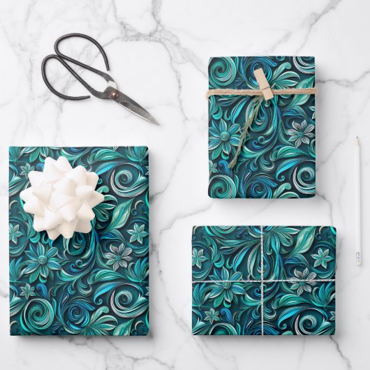 Elegant teal swirl leaf pattern ラッピングペーパーシート (正面)