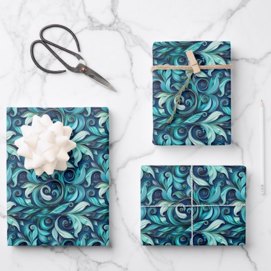 Elegant teal swirl leaf pattern  ラッピングペーパーシート (正面)