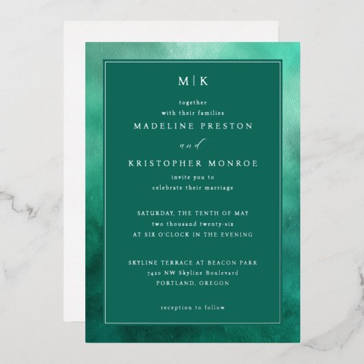 Elegant Teal Watercolor Invitation 箔招待状 (正面/裏面)