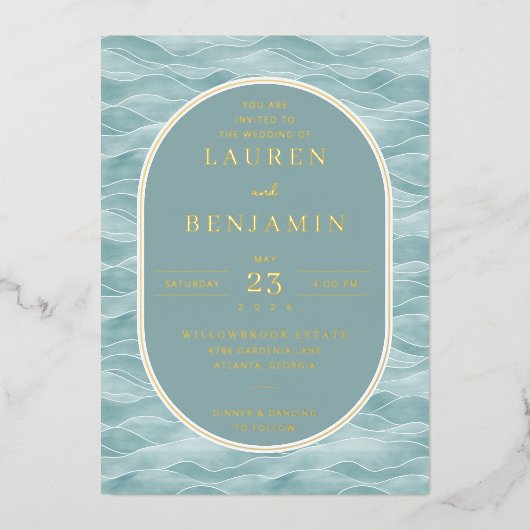 Elegant Teal Wave Motions 箔招待状 (正面)