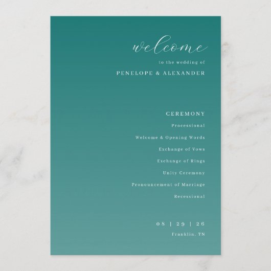 Elegant Teal Wedding Ceremony Program プログラム (正面)