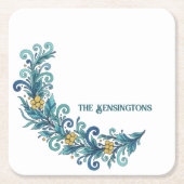 Elegant Teal & Yellow Floral Paper Coaster スクエアペーパーコースター (正面)