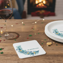 Elegant Teal & Yellow Floral Paper Coaster スクエアペーパーコースター