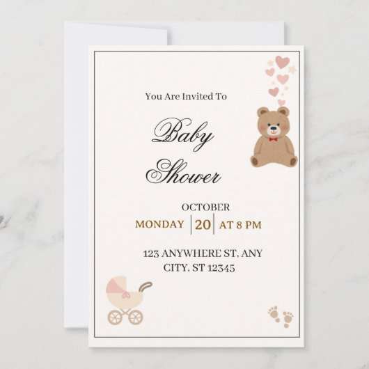 Elegant Teddy Bear Baby Shower Invitation  招待状 (正面)
