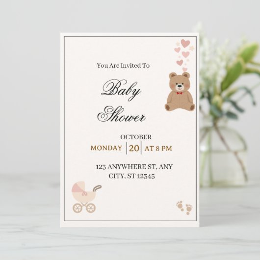 Elegant Teddy Bear Baby Shower Invitation 招待状 (スタンド正面)
