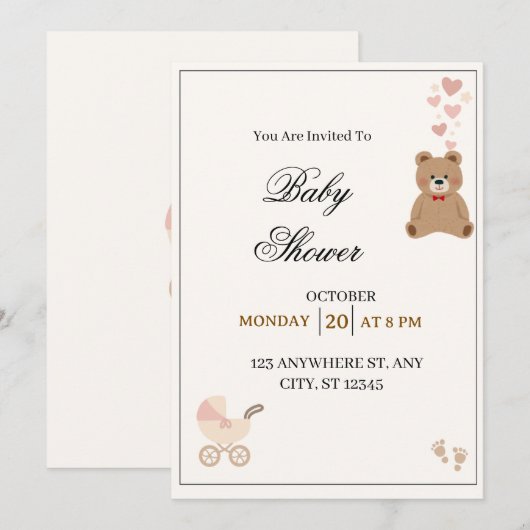 Elegant Teddy Bear Baby Shower Invitation  招待状 (正面/裏面)