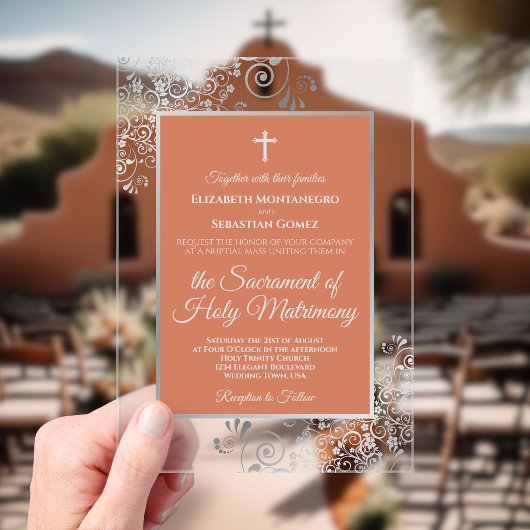 Elegant Terracotta Coral & Silver Catholic Wedding アクリル招待状