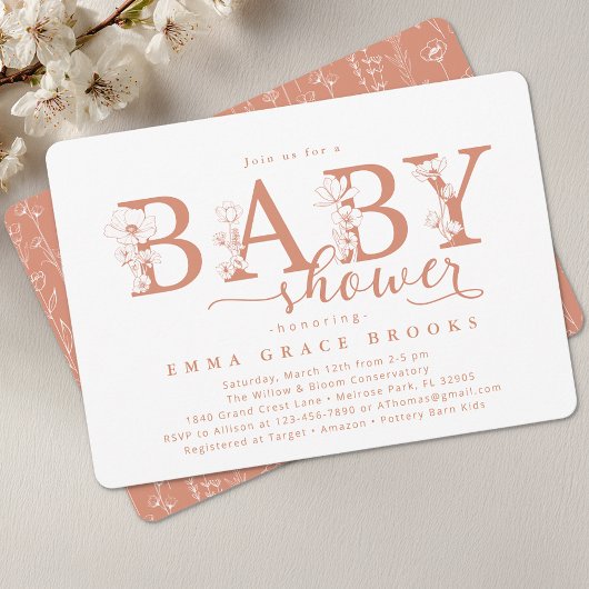 Elegant Terracotta Floral Baby Shower Typography 招待状