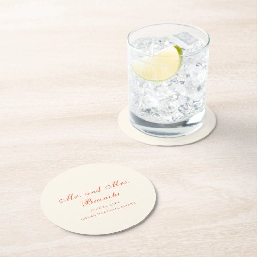 Elegant Terracotta Modern Classic Wedding ラウンドペーパーコースター (インサイチュ)