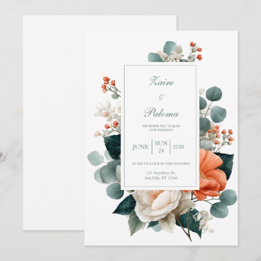 Elegant Terracotta Orange Eucalyptus Floral 招待状 (正面/裏面)