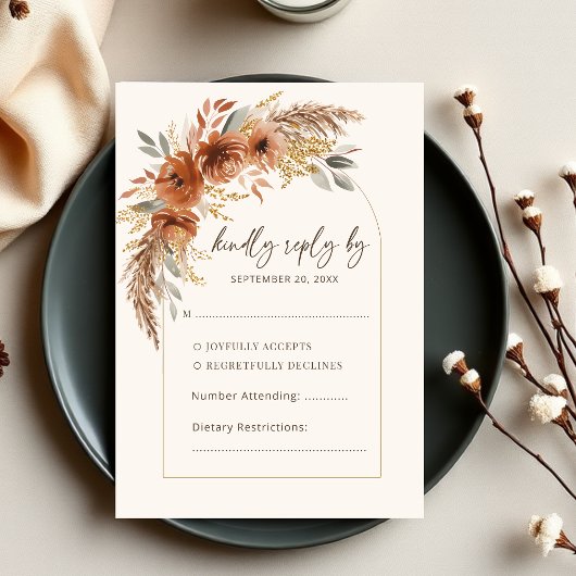 Elegant Terracotta Rustic Fall Floral Wedding 出欠カード