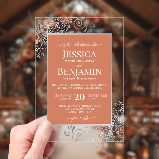 Elegant Terracotta & Silver Stylish Text Wedding アクリル招待状