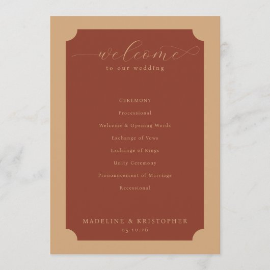 Elegant Terracotta Wedding Ceremony Schedule プログラム (正面)