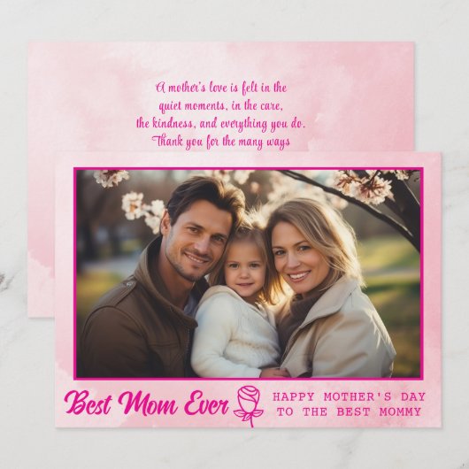 Elegant Text Photo Mother's Day Watercolor Pink カード (正面/裏面)