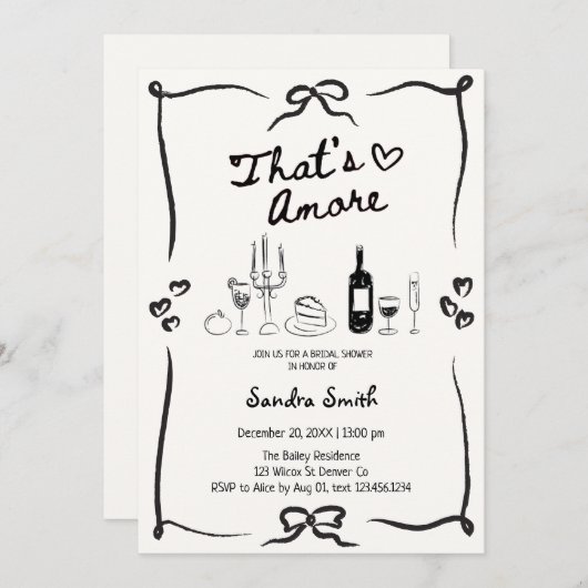 Elegant That's Amore Hand Drawn Bridal Shower  招待状 (正面/裏面)