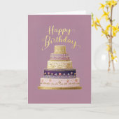 Elegant Tiered Purple and Gold Birthday Cake カード (黄色い花)
