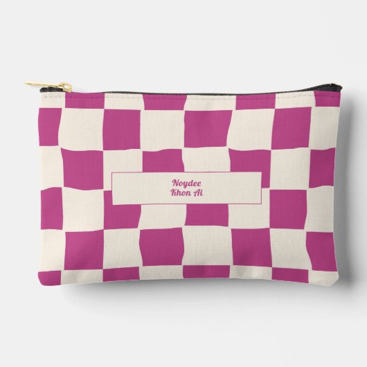 Elegant Timeless Name Purple and Cream Check アクセサリーポーチ (正面)