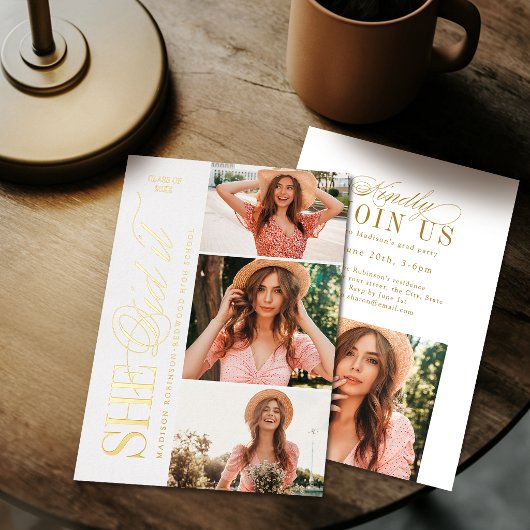 Elegant Timeless Typography 4 Photo Graduation 箔招待状