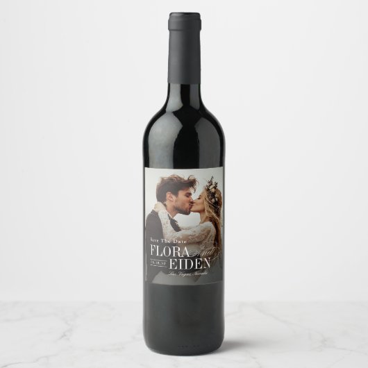 Elegant Timeless Typography Photo Save The Date ワインラベル (正面)
