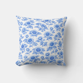 Elegant Toile du Jouy Sunflowers – Blue Botanical  クッション