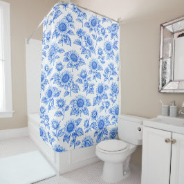 Elegant Toile du Jouy Sunflowers – Blue Botanical  シャワーカーテン