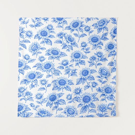 Elegant Toile du Jouy Sunflowers – Blue Botanical  タペストリー (正面)